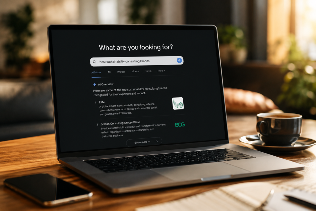 Laptop, auf dem KI-Suchergebnisse zur Markenerkennung angezeigt werden