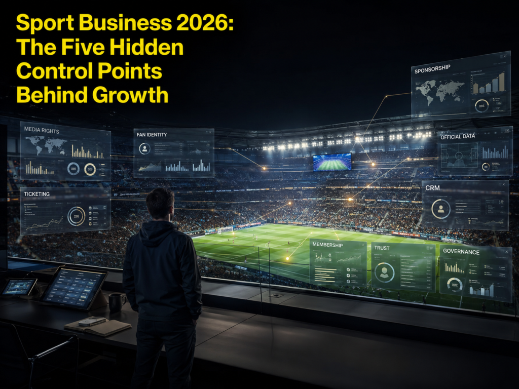 Sportbusiness-Kontrollpunkte visuell, die Medienrechte, Fanidentität, Ticketing, Sponsoring, offizielle Daten, CRM, Mitgliedschaft, Vertrauen und Governance-Schichten um ein Stadion herum zeigen.