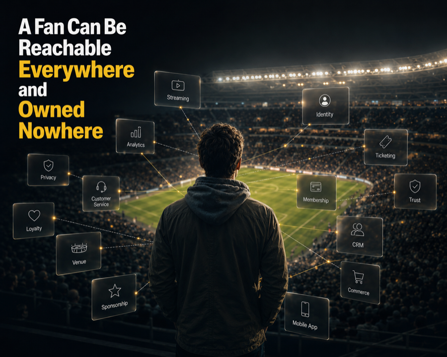 Fan relationship continuity visual showing a fan in a stadium connected to streaming, identity, ticketing, CRM, commerce, venue, privacy, loyalty, service and trust touchpoints.