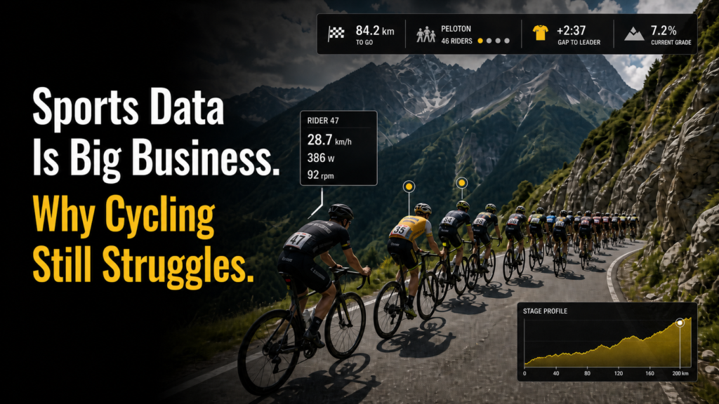 Professional cycling peloton with live broadcast data overlays showing rider position, speed, race gap and stage profile