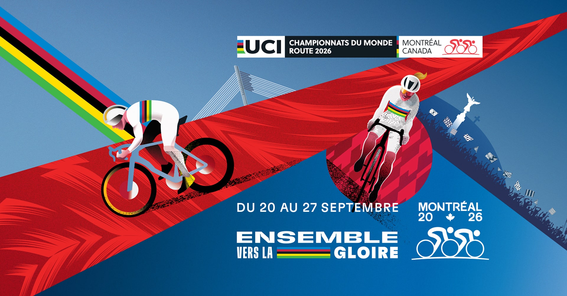 Veranstaltungsmotiv der UCI-Straßenrad-WM Montréal 2026 mit zwei Radfahrern und dem Termin vom 20. bis 27. September